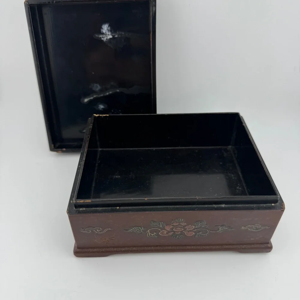 Vintage Lacquer Trinket Box Small Brown Fair Vintage Japanese Chinoiserie Wood